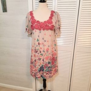 Beige by eci floral applique boho tier dress sz 10 *D6